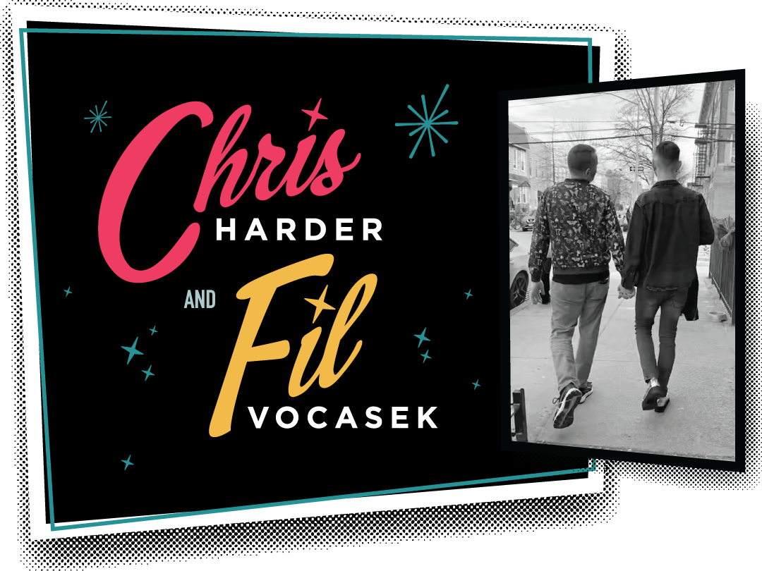 "Chris Harder and Fil Vocasek" Black and white image from behind  of them holding hands and walking down the NYC street.